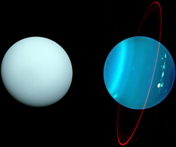 Uranus as imaged by Voyager 2 in visible light (left) and by the Keck Observatory in near-infrared (right)